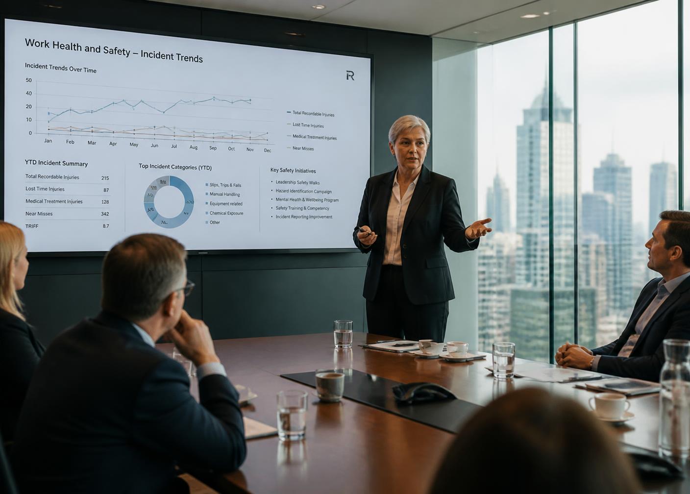 Safety manager presenting risk and incident trend data to an executive team