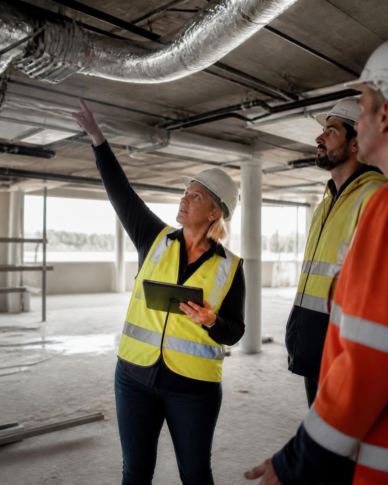 Senior project manager leading a practical completion handover walk-through on a commercial building site