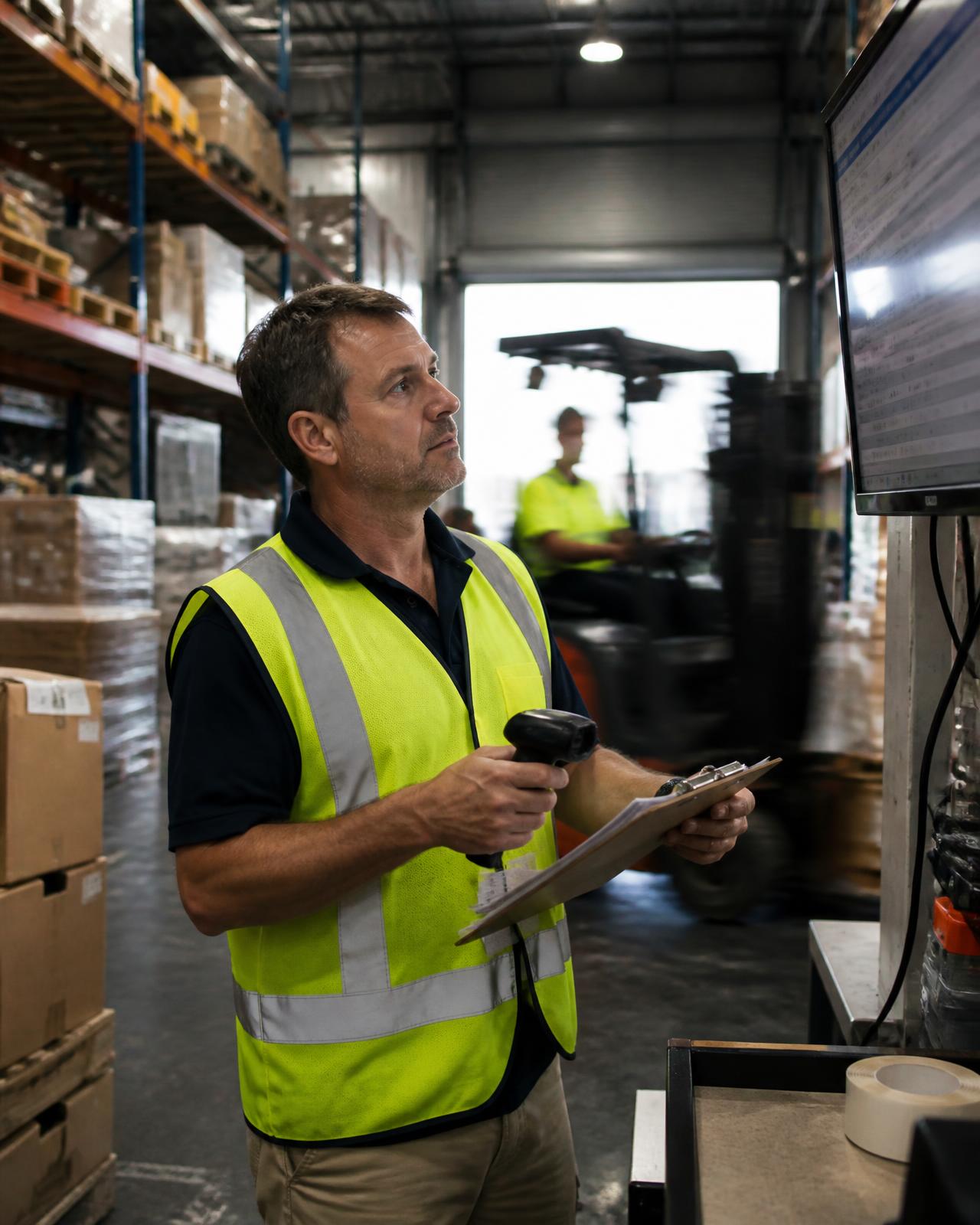 Operations manager checking a dispatch schedule in a busy distribution warehouse