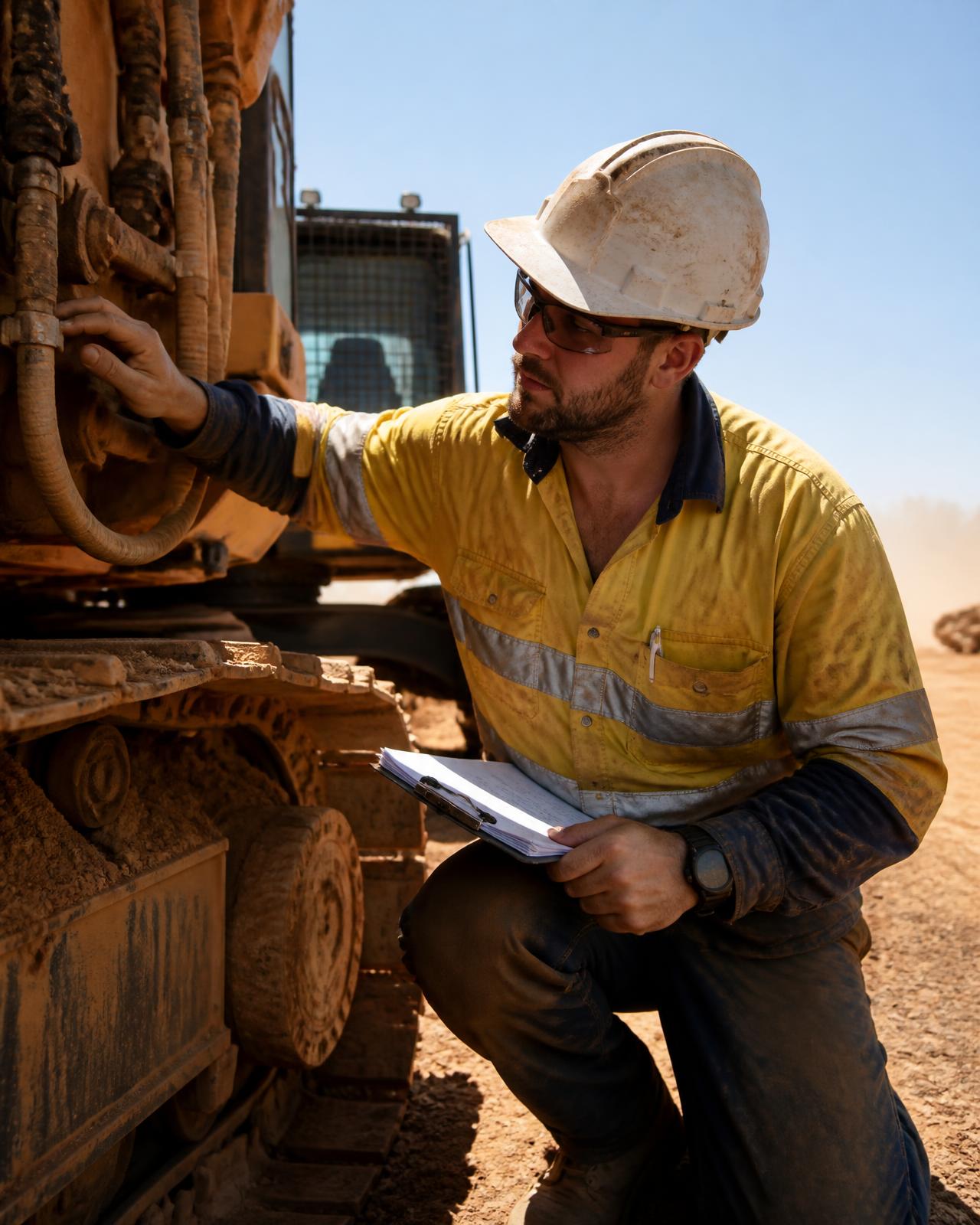 Safety officer completing a plant pre-start inspection on an excavator