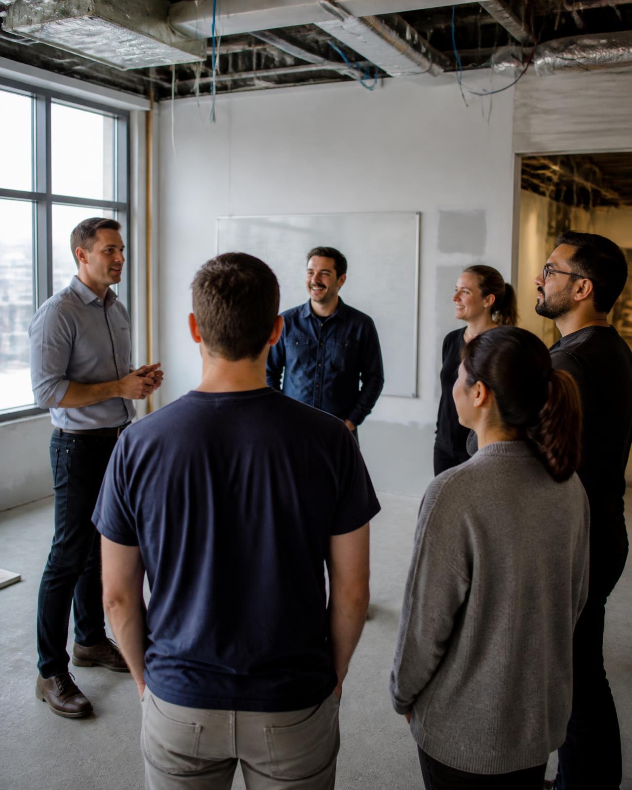 Team leader running a morning stand-up with staff in an office fit-out