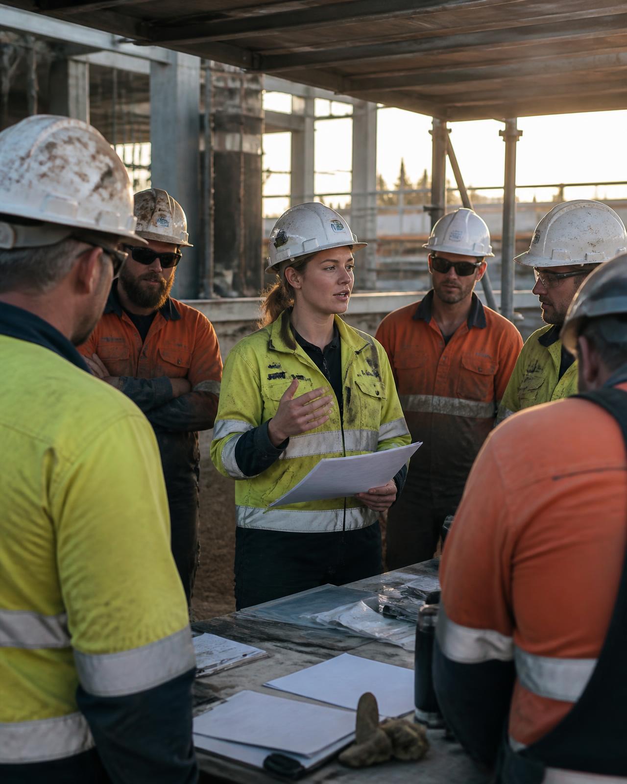 Trainee safety coordinator running a toolbox talk with tradespeople on site